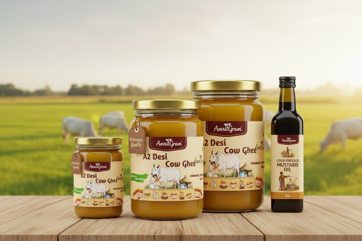 AmritGram Banner - Ghee Jars & Mustard Oil